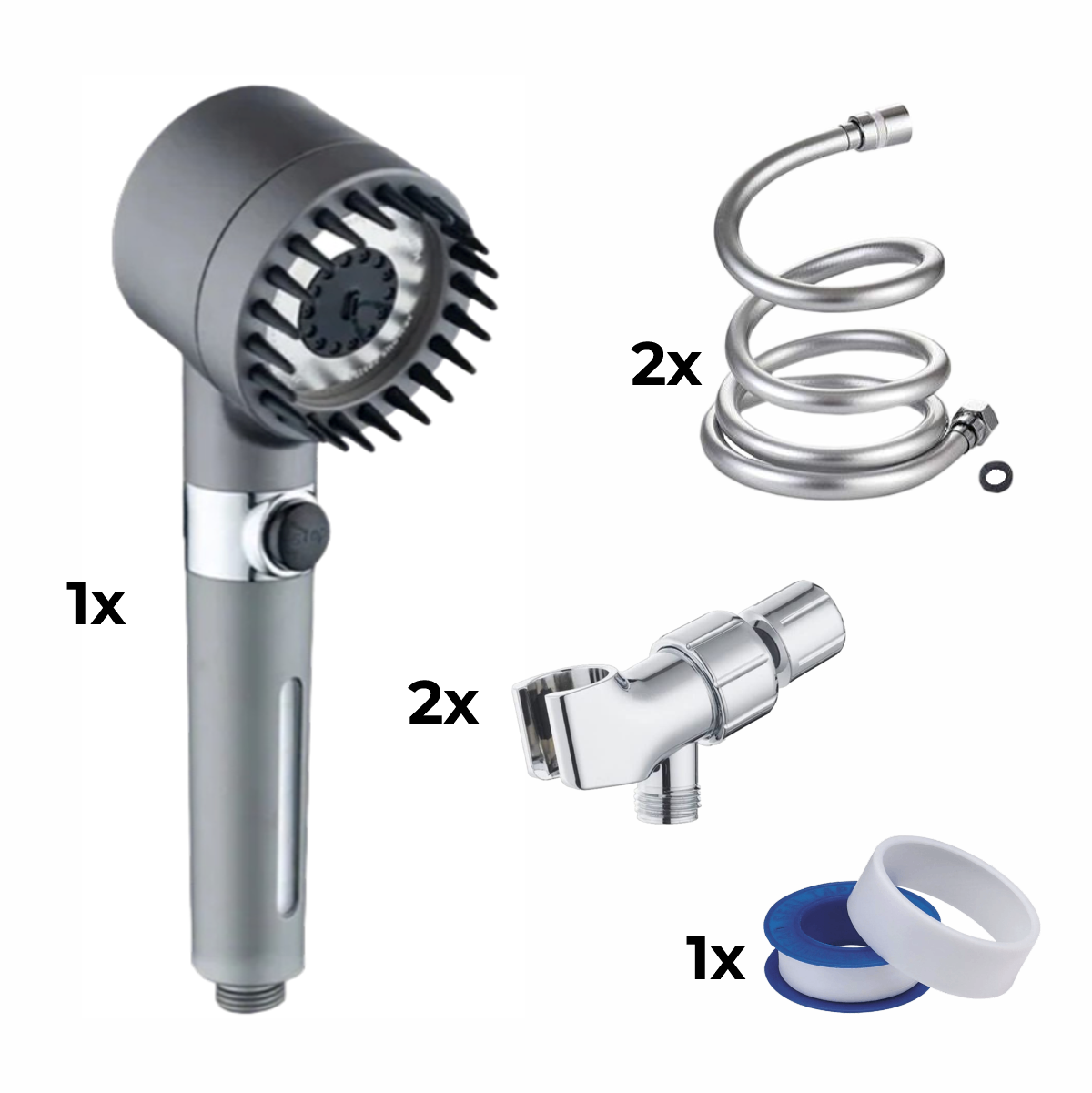 Duschkopf + 2x Schlauch + 2x Adapter + Teflonband